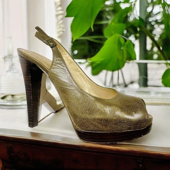 Stuart Weitzman Green Leather Peeptoe Slingback Shoes 6.5 - Picture 9 of 10